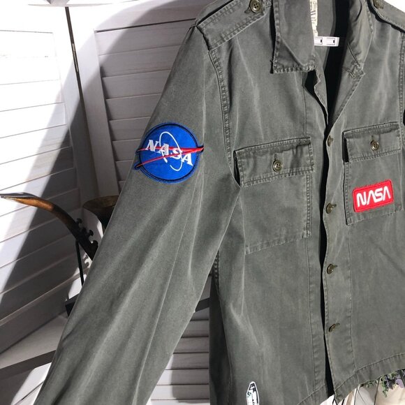 Lucky Brand Cotton Jacket NASA Patches Cargo Pockets Military Green Men’s sz M - Picture 5 of 16